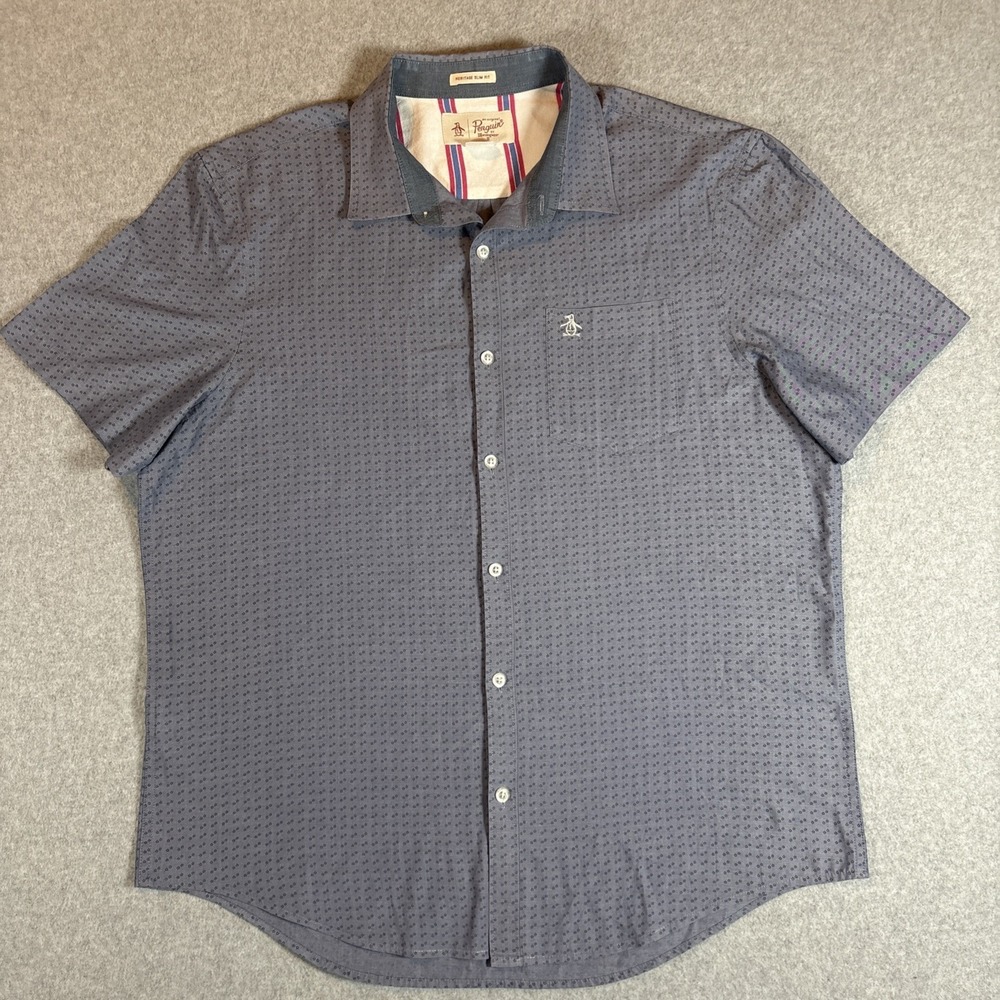 Penguin Heritage Slim Fit Men's Short Sleeve Button Up Sz XL Blue W/Pocket